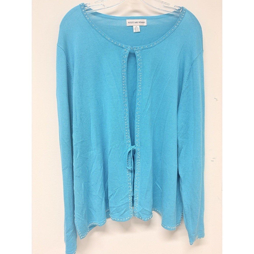 August Max Woman 3X Turquoise Blue Beaded Trim Tie Front Cardigan Sweater Plus - Picture 10 of 16